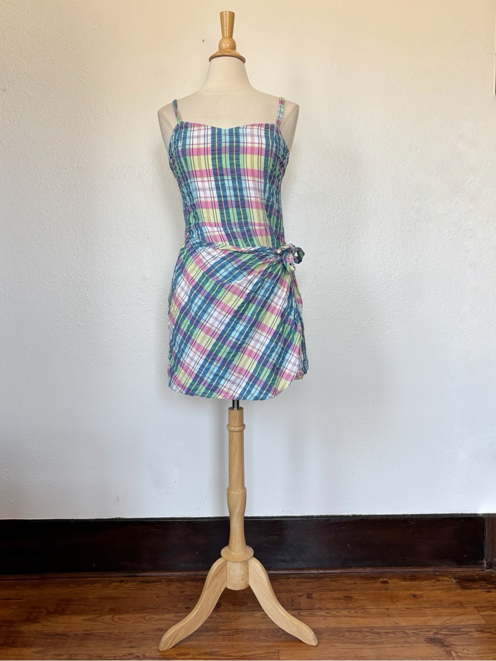Vintage 90s Plaid Calvin Klein Sleeveless Smocked Wrap Dress